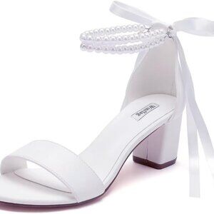 Pearl Wedding Shoes Open Toe Block Heel Bridal Sandals Chunky Heel